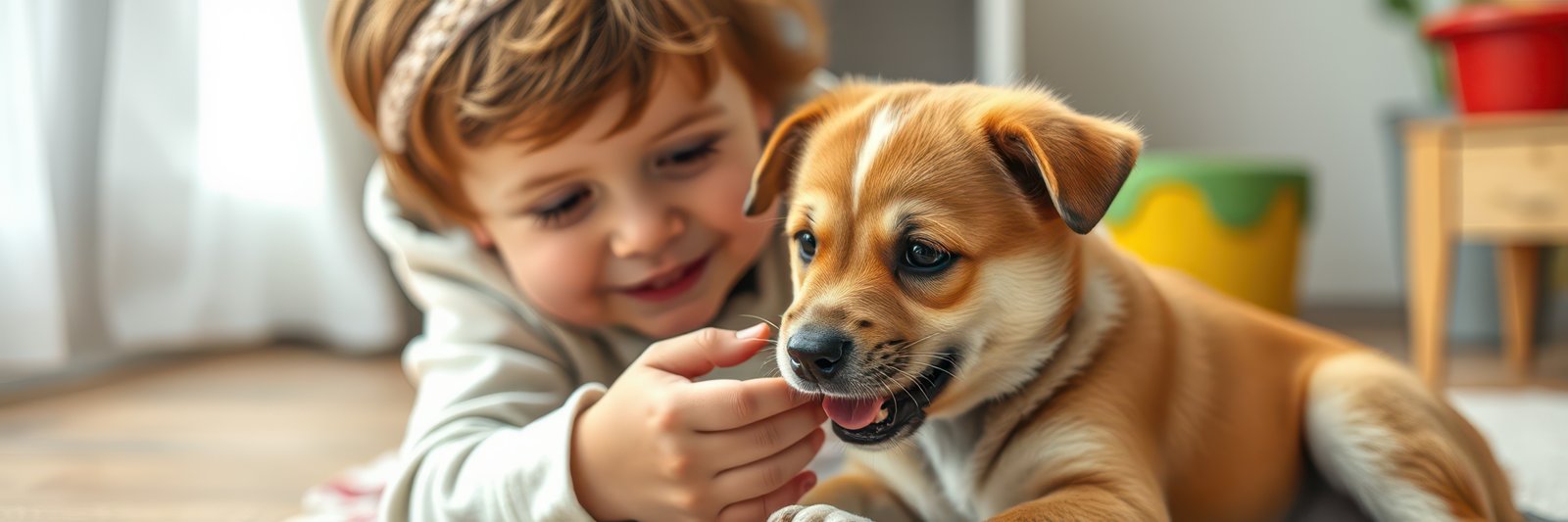 A toddler with red hair and a headband is lying on the floor, carefully interacting with a light brown puppy